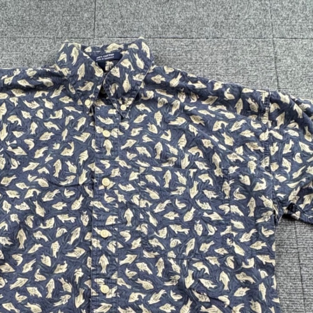 Chaps Ralph Lauren Mens M Blue Fish Print Cotton Short Sleeve Button Down Shirt